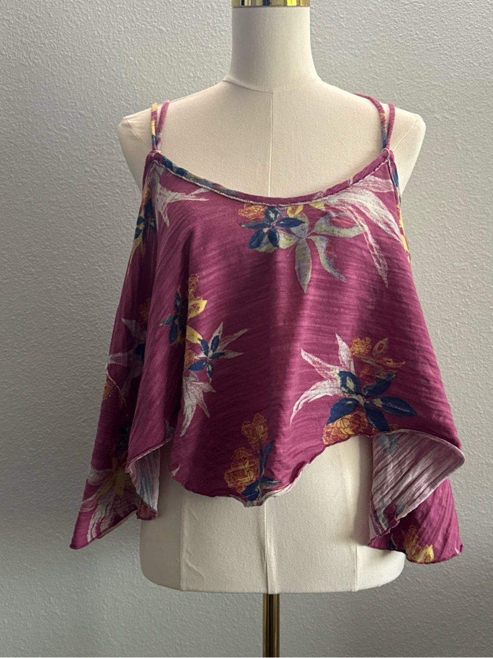 We The Free Floral Cold Shoulder Swing Tank Top XS Boho Pink Open Sleeve Cami
